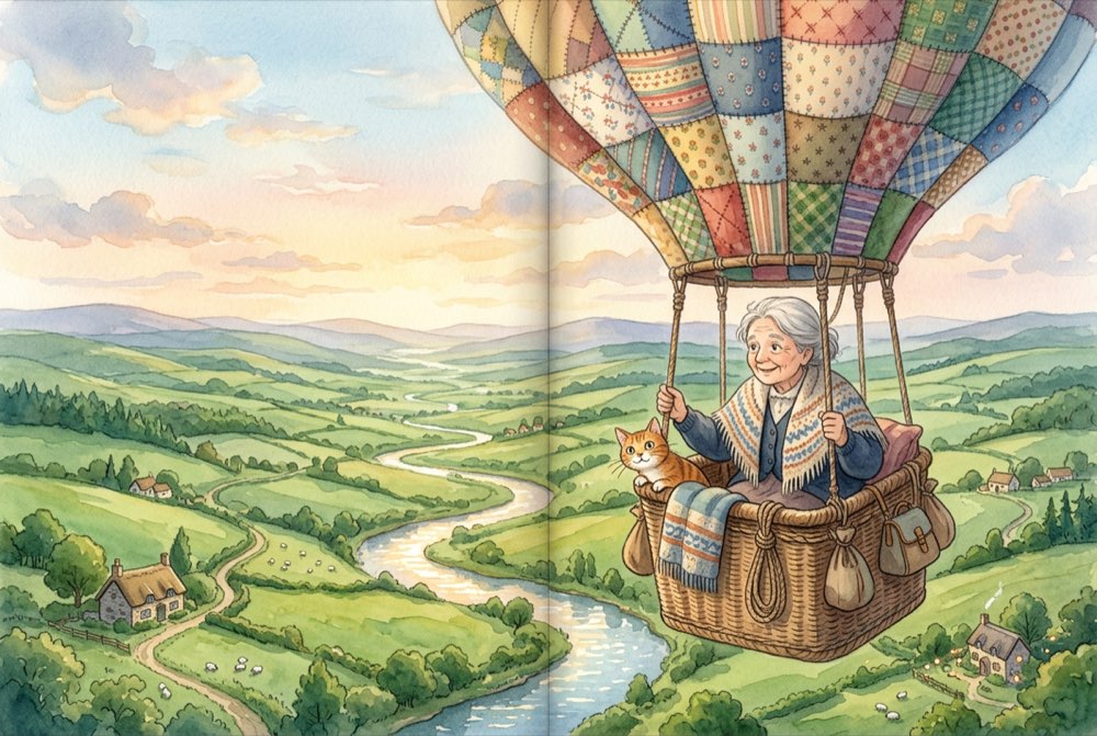 Ghibli watercolor style storybook spread — grandmother in a hot air balloon over green hills