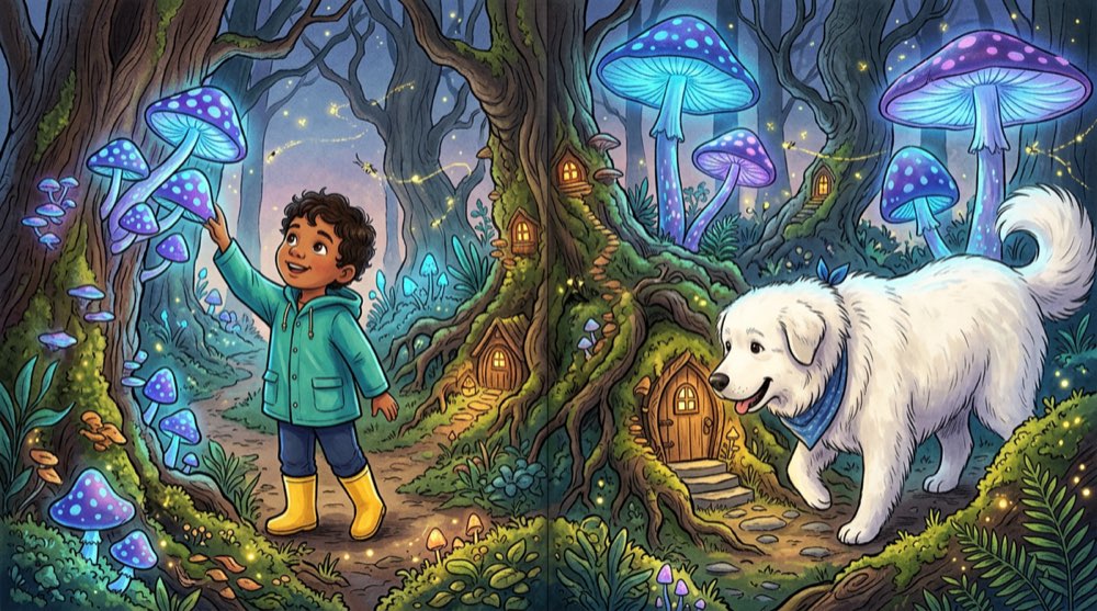 Gouache style storybook spread — boy and dog exploring a bioluminescent mushroom forest